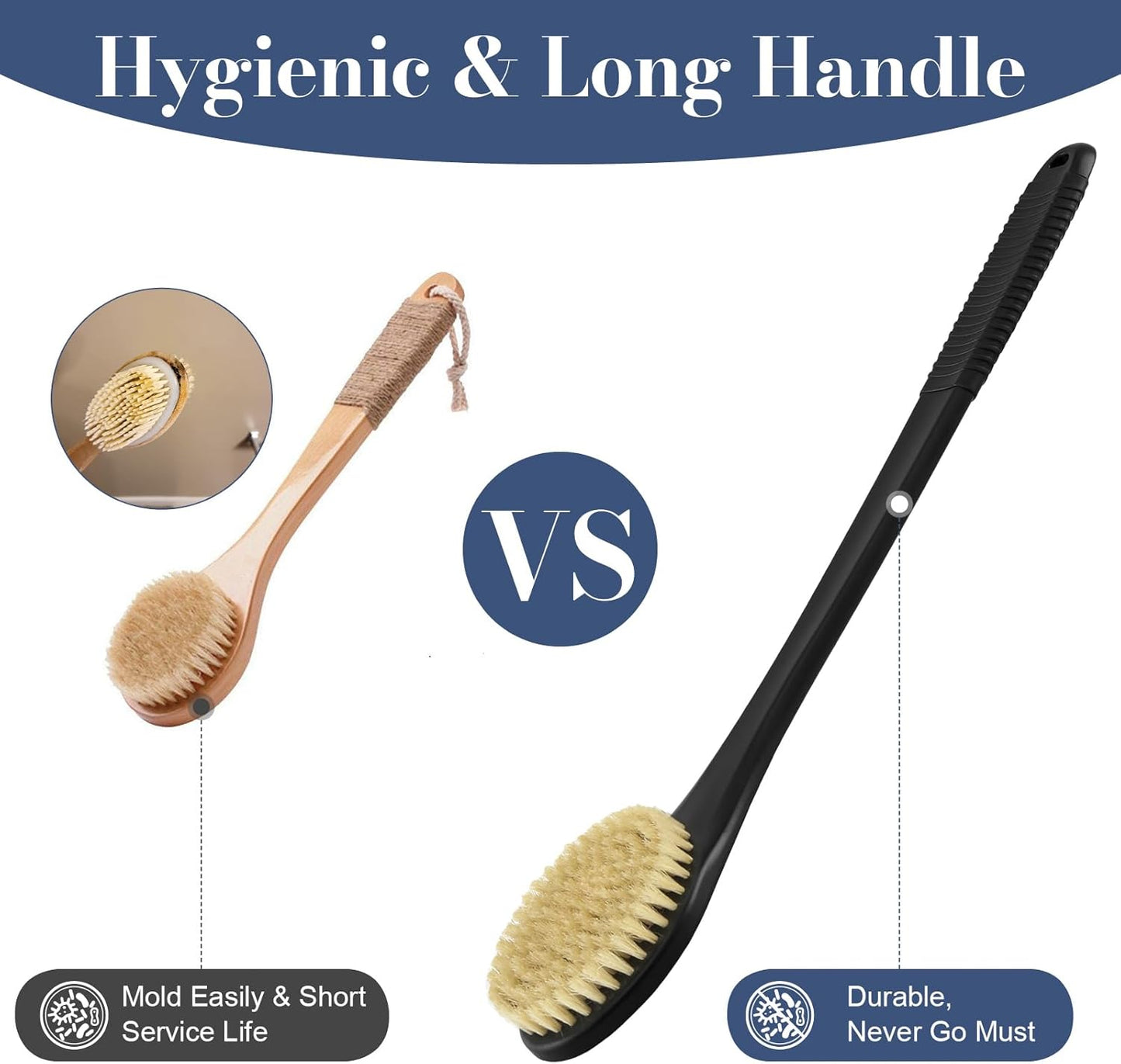 Back Scrubber for Shower, Shower Body Brush for Cleaning with Long Handle for Showering, 17 Inch Back Washer Exfoliator for Shower Men Women with Non-Slip Handle, Adhesive Hook (Black-Boar Bristles)