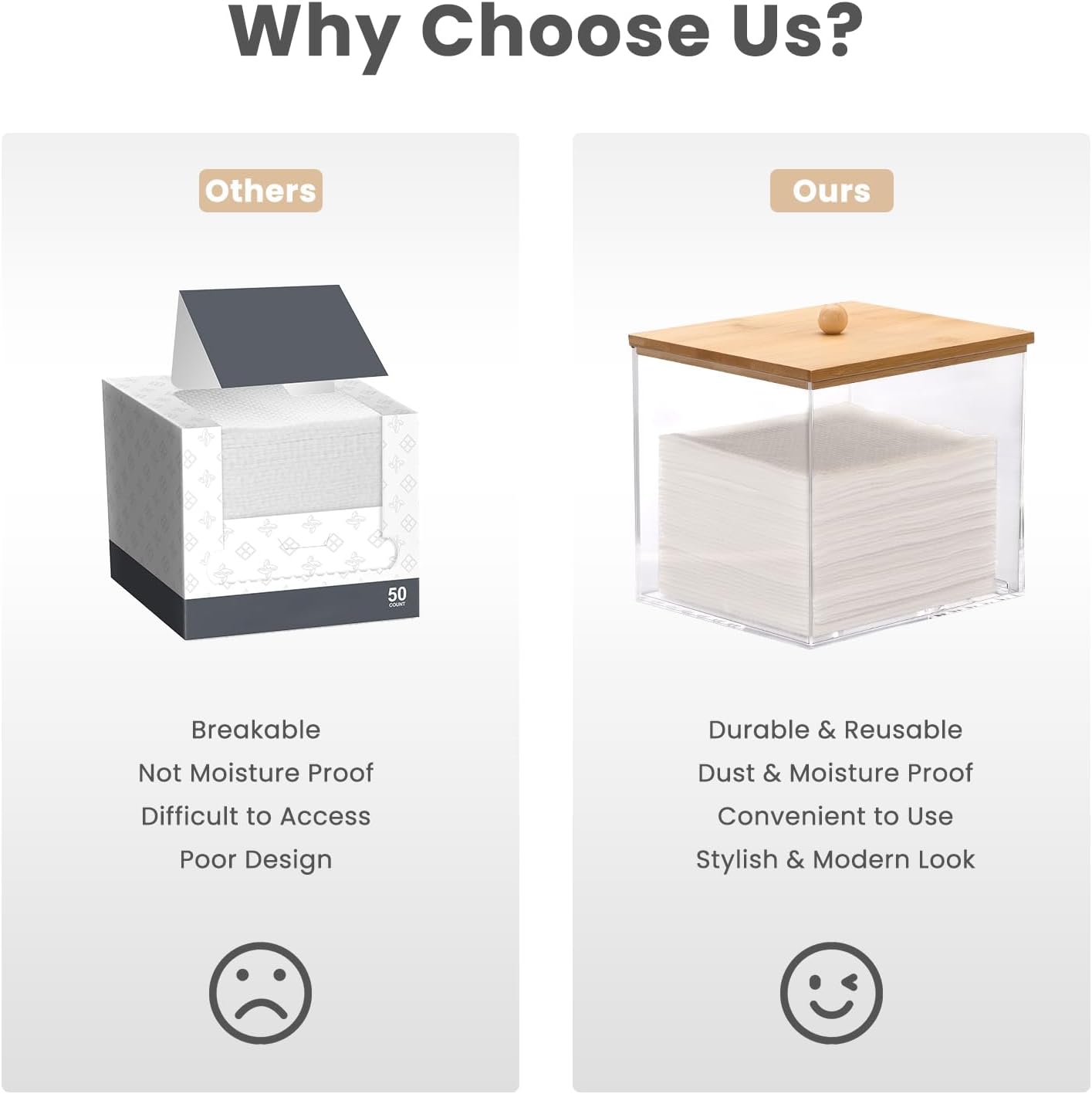 Puricon Acrylic Disposable Facial Towels Holder, Clear Storage Bin with Wood Lid Compatible with Clean Skin Club Towel (NOT Included), Face Towelettes Container for Bathroom Counter -Nature