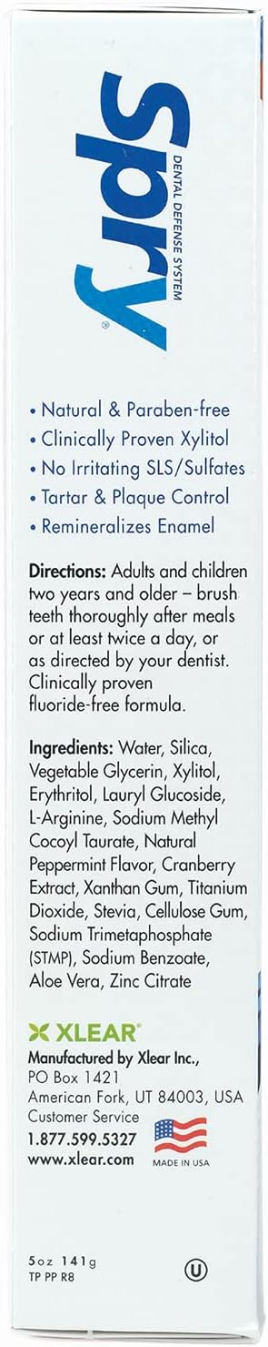 Spry Natural Xylitol Toothpaste 5oz for Adults and Kids - Fluoride Free, Gentle for Sensitive Teeth Whitening and Remineralizing, Breath Freshening, Mouth Moisturizing, Peppermint (Pack of 2)