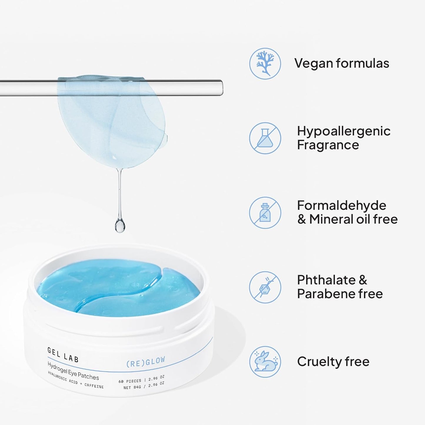 Gel Lab REGLOW Hyaluronic Acid & Caffeine Korean Skincare Eye Patches for Puffy Eyes, Dark Circles, and Wrinkles - Hydrating Under Eye Mask - 60 Gel Patches