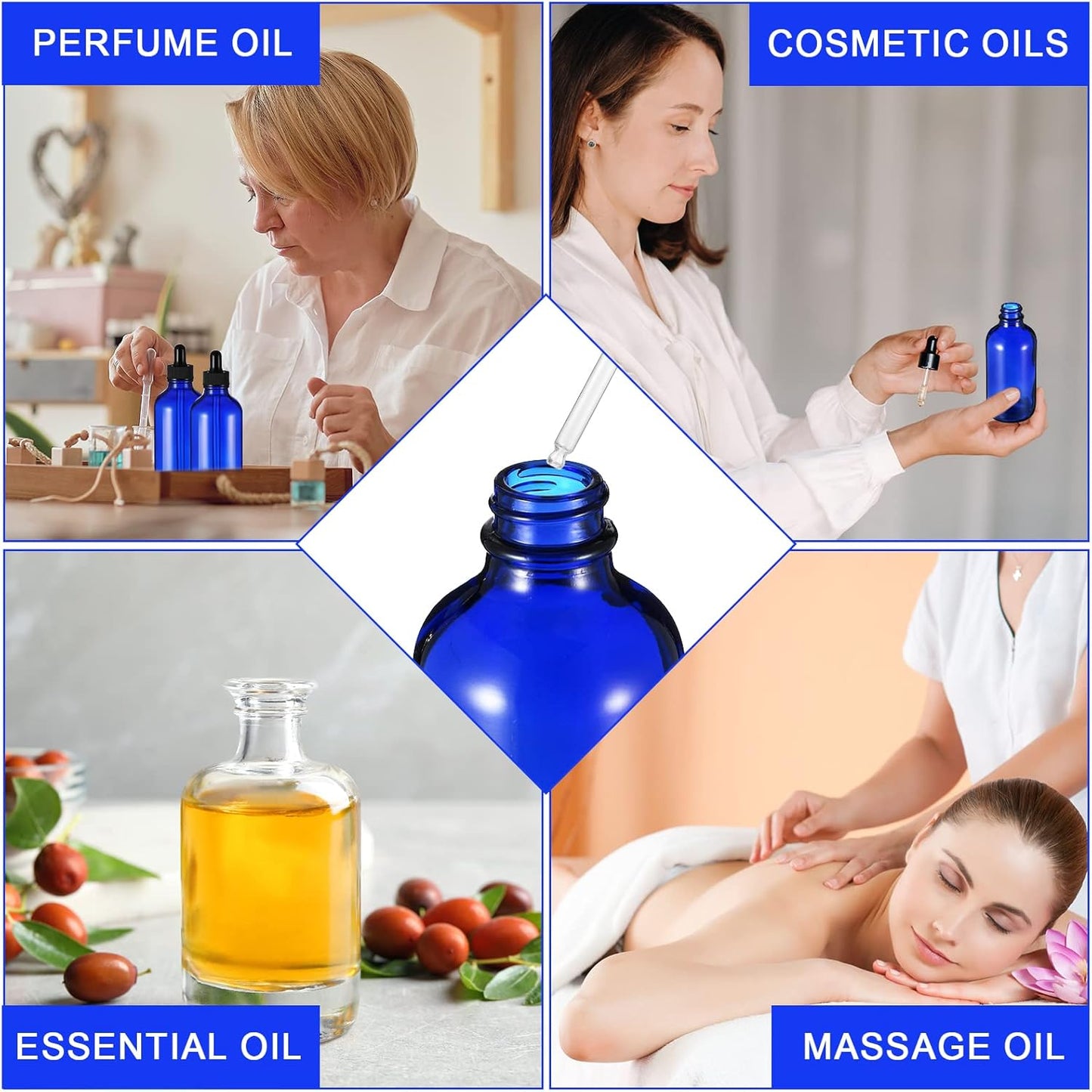 Dandat 50 Pack 4 oz Glass Dropper Bottles Leakproof 120 ml Glass Tincture Bottles with Eye Droppers, 4 Funnels, 54 Labels for Essential Oil Perfumes Hair Oil(Blue)