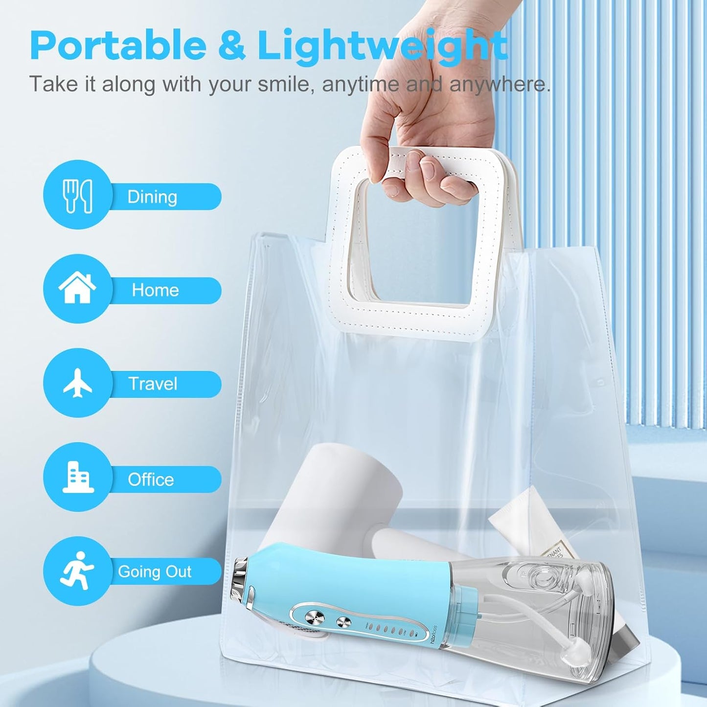 Water Dental Flosser Teeth Cleaner Pick, H2ofloss Cordless Portable Oral Irrigator,5 Mode IPX7 Waterproof Teeth Picks 300ML Rechargeable WaterFlosser for Teeth Cleaning Sky Blue