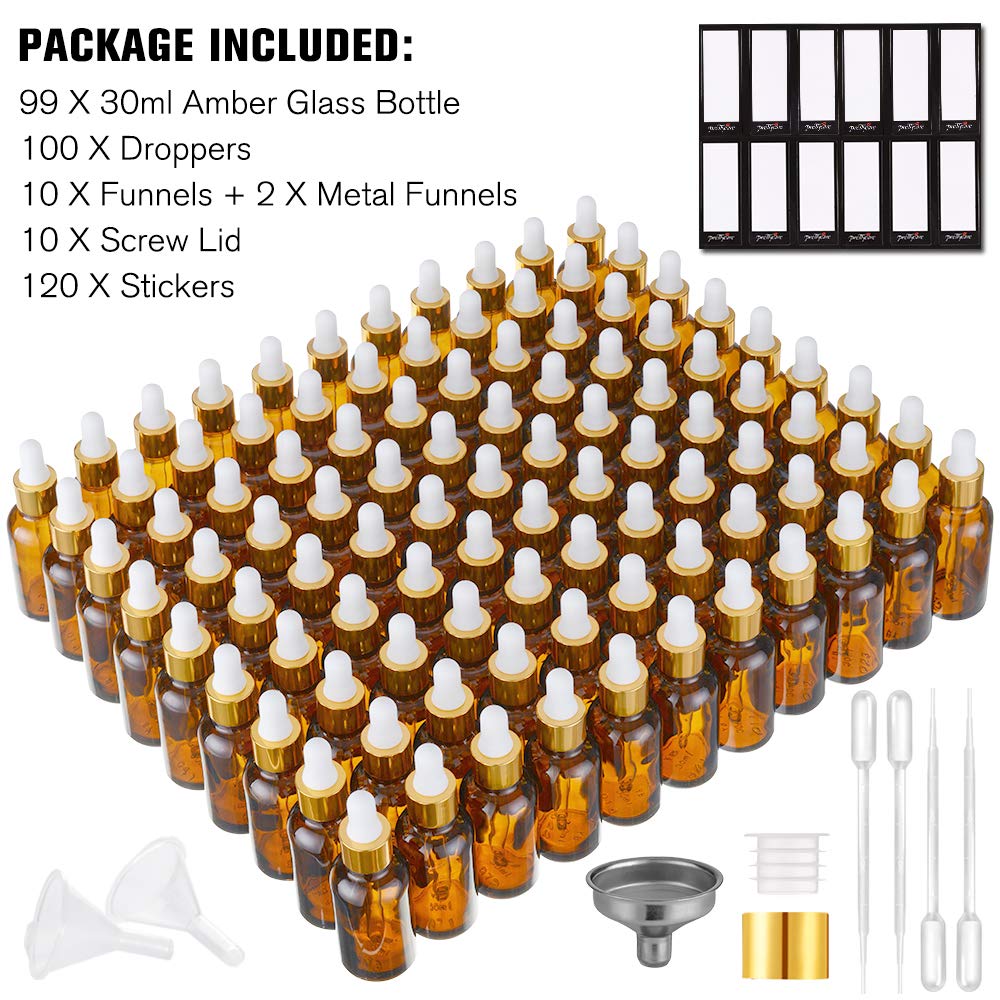 PrettyCare Glass Eye Dropper Bottles 99 Pack, 1oz (30ml) Amber Empty Thick Bottles Bulk with Leakproof Golden Caps - With Labels & Funnels for for Storage, Travel,Essential Oils, DIY Serums