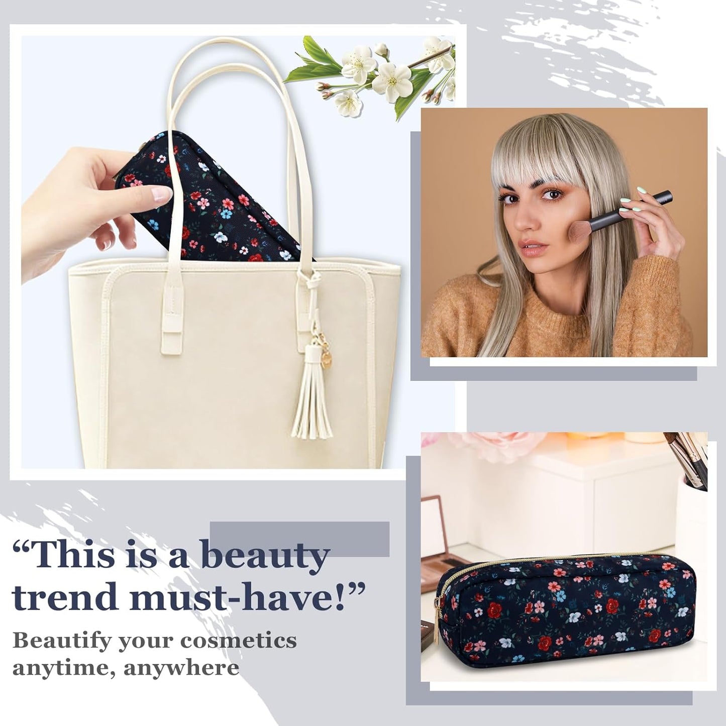 Nylon Small Floral Makeup Bag Slim Pouch, Preppy Cute Travel Makeup Brush Case Cosmetic Zipper Pouch for Purse, Waterproof Toiletry Bag Makeup Organizer Travel Essentials for Women(Navy Blue-Flower)