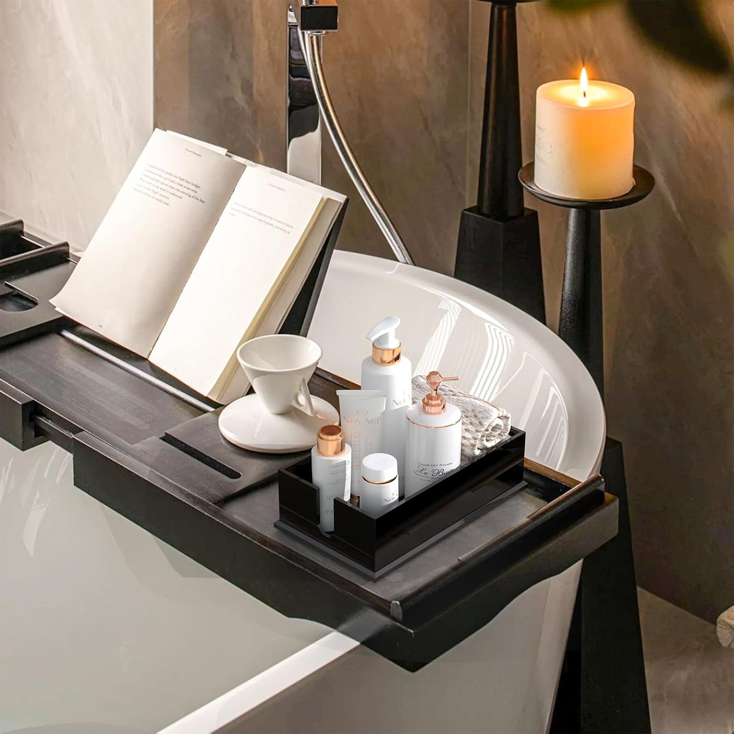 Napkin Holder for Table, Acrylic Napkin Paper Towel Holder for Kitchen, Clear Acrylic Guest Towel Holder Tray for Bathroom, Cocktail Napkin Holder for Dinner (Rectangle Black 0.16+0.31in Thickness)