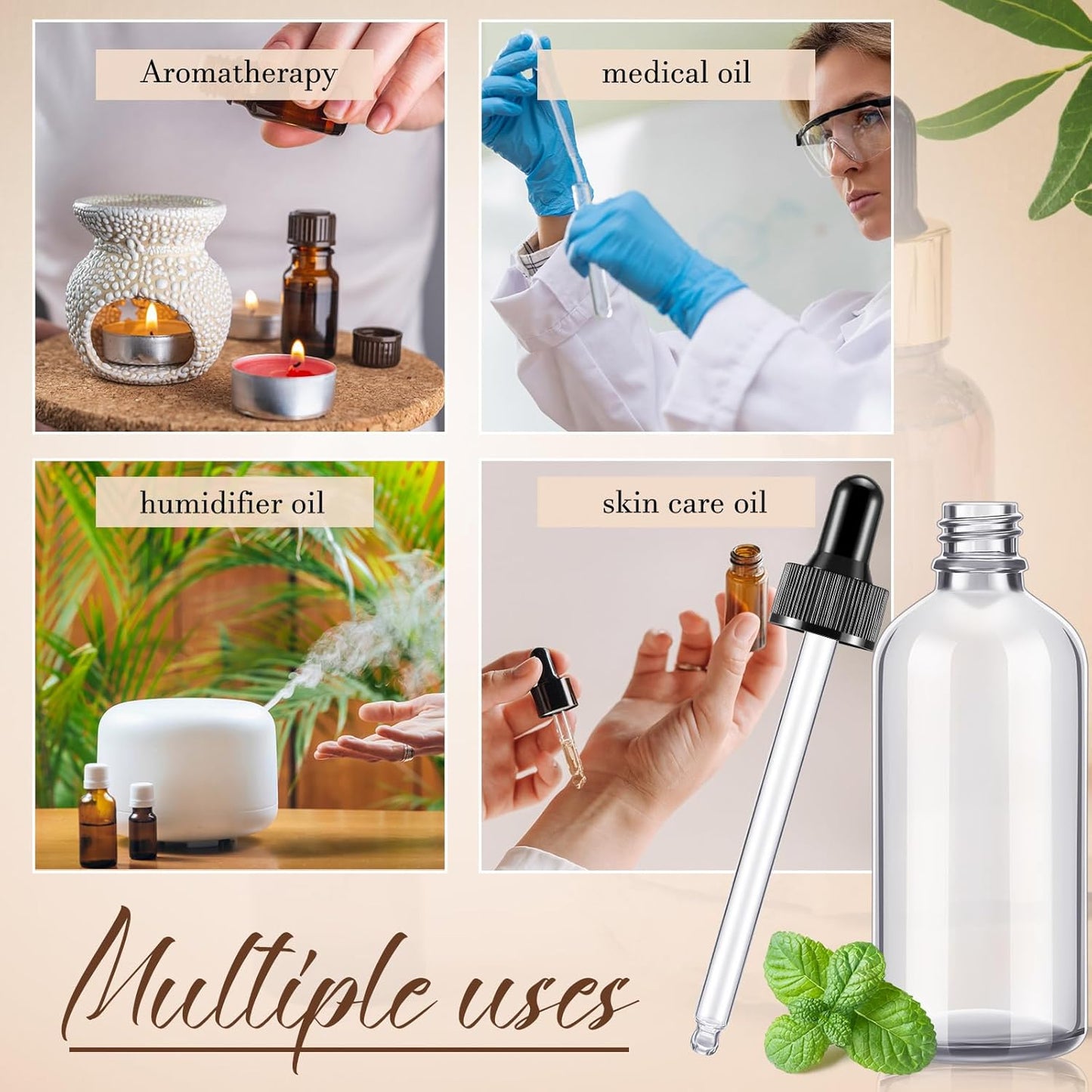 Lallisa 48 Pcs Glass Dropper Bottles with Eye Dropper Dispensers Lab Dropping Bottles with 4 Pcs Long Pipettes 4 Funnel and 80 Label for Travel Cuticle Massage Essential Oils Perfume (Clear,4 oz)