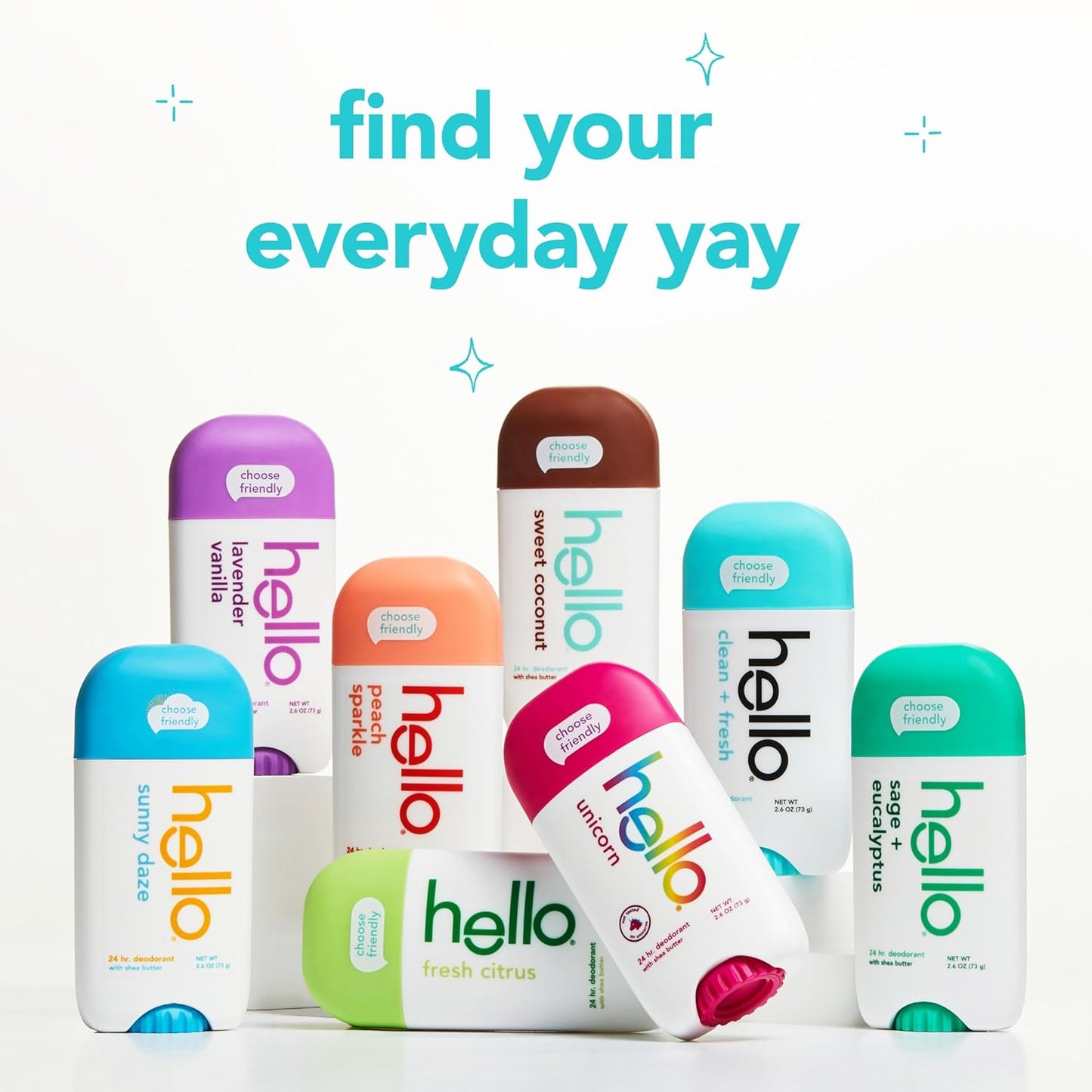 hello Sunny Daze Aluminum Free Deodorant for Women and Men with Shea Butter, 24-Hour Freshness, Baking Soda Free, Dermatologically Tested, 2.6 oz Deodorant Stick, 2 pack