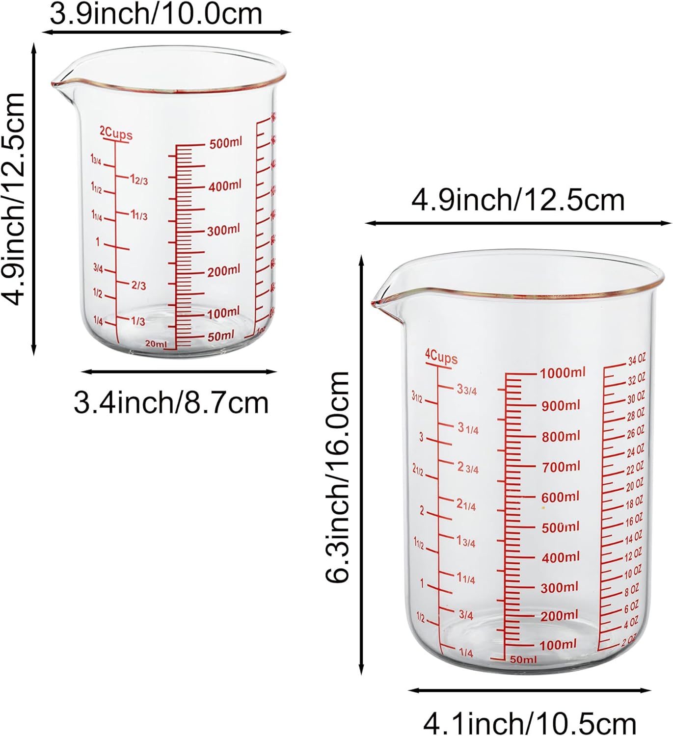3 Piece Glass Measuring Cup Set, Includes 2-Cup, 4-Cup, and 8-Cup High Borosilicate Glasss Liquid Measuring Cups, Dishwasher, Freezer, Microwave, and Preheated Oven Safe, Essential Kitchen Tools