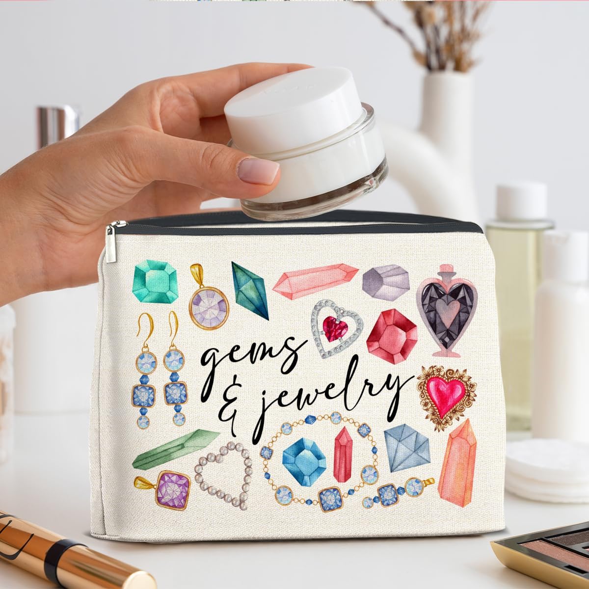 Gems and Jewelry Cosmetic Bag Gift, Gifts for Gem Jewelry Lovers Makeup Bag Zipper Makeup Pouch Bridesmaids Gift
