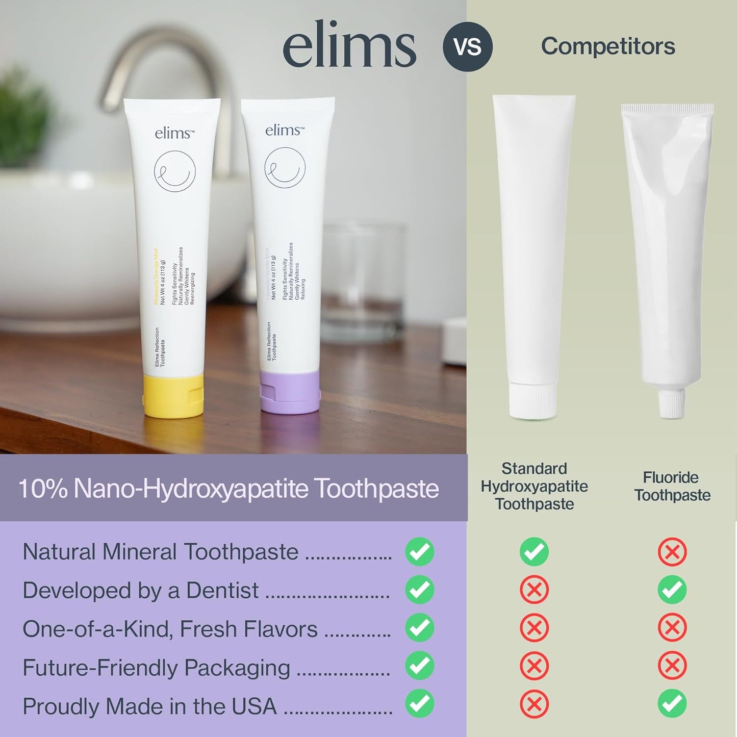 Elims Nano Hydroxyapatite Toothpaste – Fluoride-Free, Xylitol Remineralizing, Whitening Toothpaste for Sensitive Teeth, SLS-Free, Lavender Vanilla Mint Favlor for Adults & Kids, 4oz