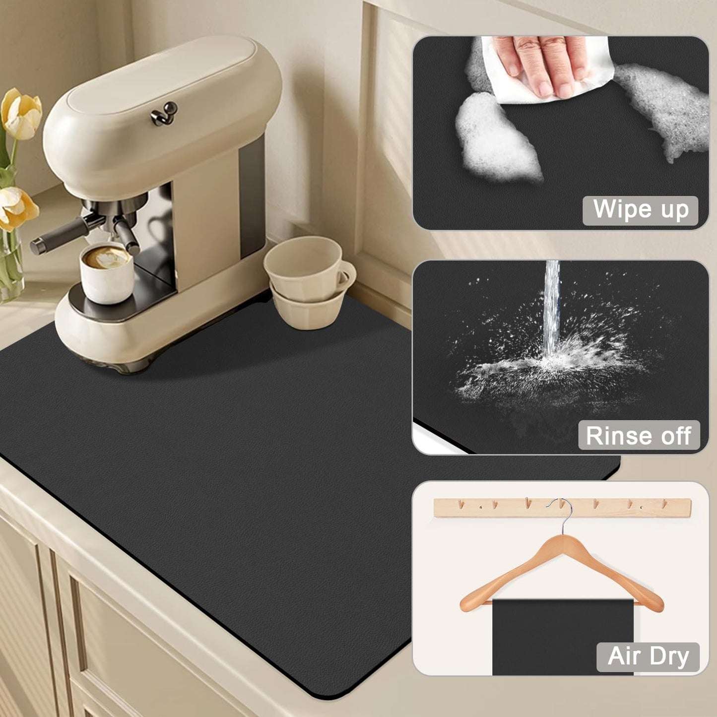 Coffee Maker Mat Accessories for Countertop - Rubber Backed Dish Drying Mat for Kitchen - Absorbent Hide Stain Mat, Wipeable 25x17in