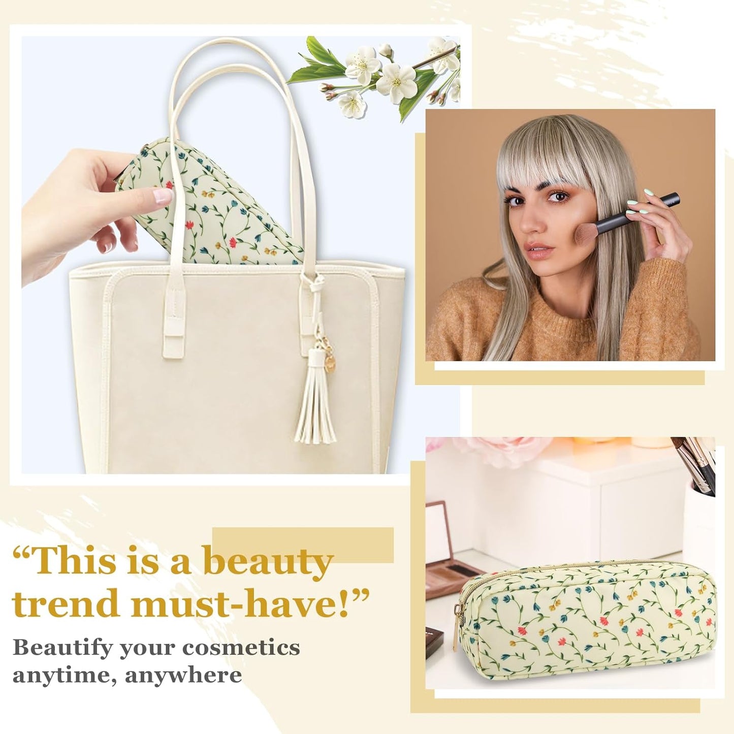 Nylon Small Floral Makeup Bag Slim Pouch, Preppy Cute Makeup Brush Case Bag Flower Cosmetic Zipper Pouch for Purse, Waterproof Travel Toiletry Bag Make Up Organizer for Women Girl(Light Yellow-Flower)