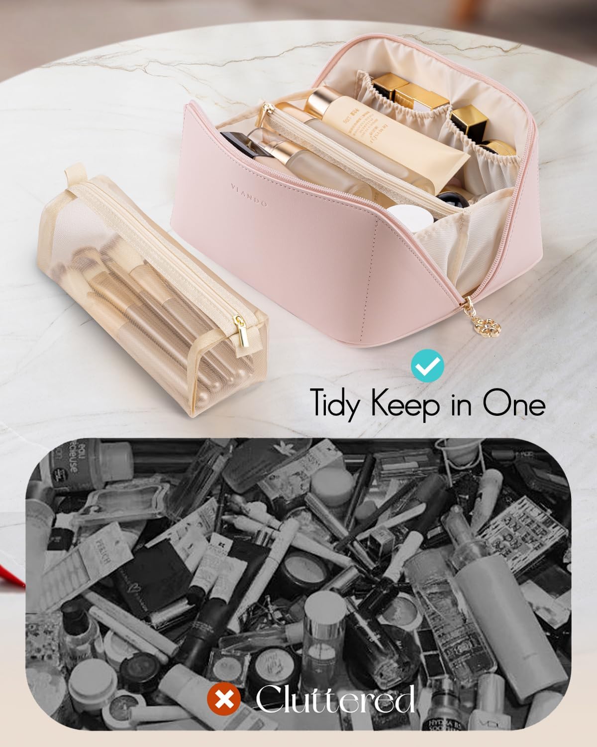 Vlando Makeup Bag,Large Capacity Travel Toiletry Bag,Cosmetic Bags for Women PU Leather Waterproof Portable Pouch with Divider & Handle-Pink