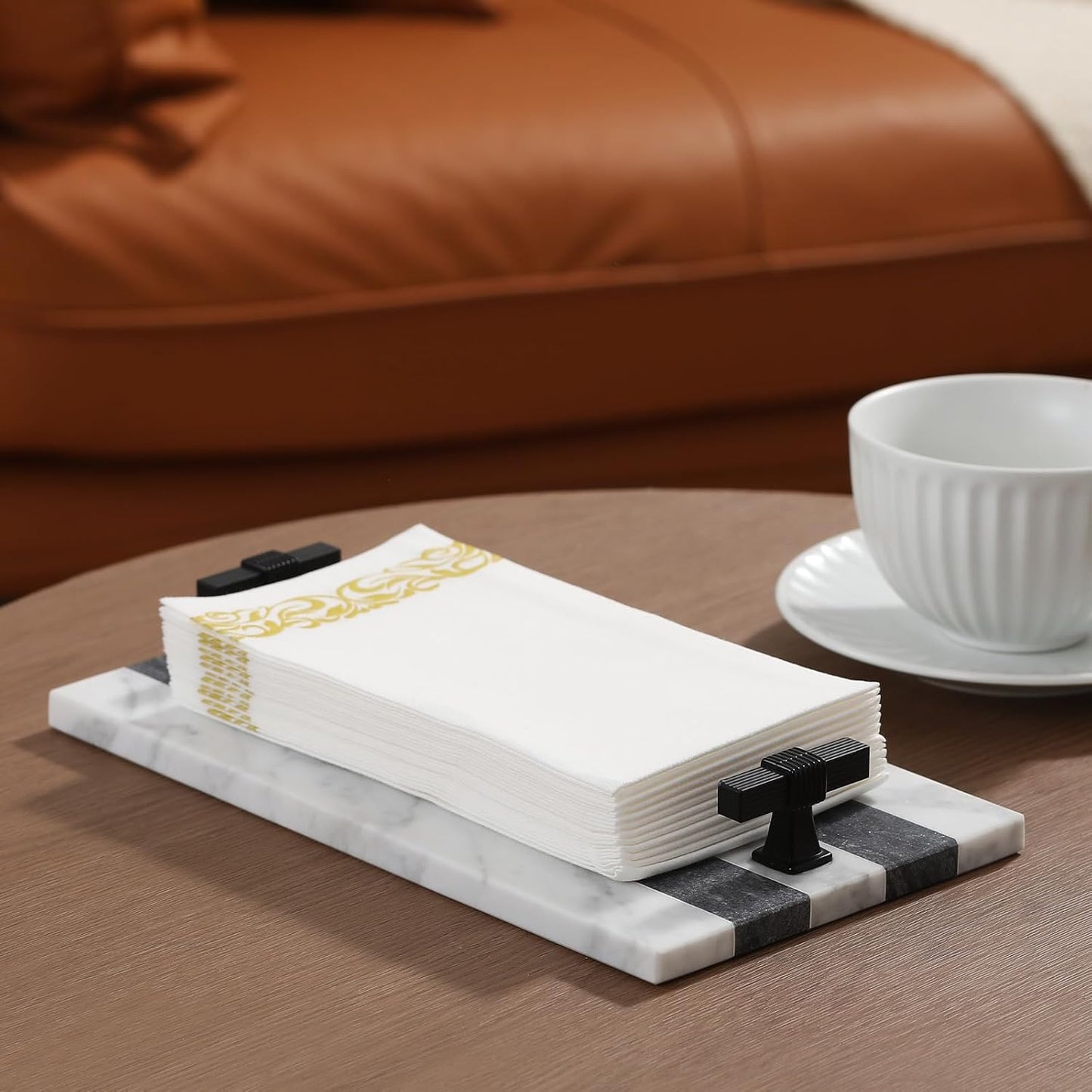 Decorative Marble Hand Towel Holder for Bathroom Disposable Paper Towels Tray Guest Towels Holder Formal Dinner, Guestrooms and Restrooms Marble Tray Vanity Tray Black Color Handle