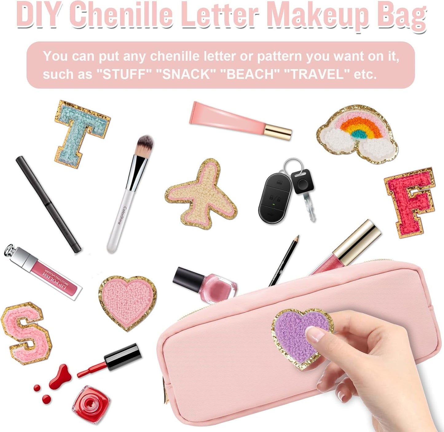 Nylon Slim Makeup Bag, Preppy Cute Makeup Brush Bag Pink Makeup Organizer for Women Men Girls - Waterproof Travel Toiletry Cosmetic Zipper Pouch