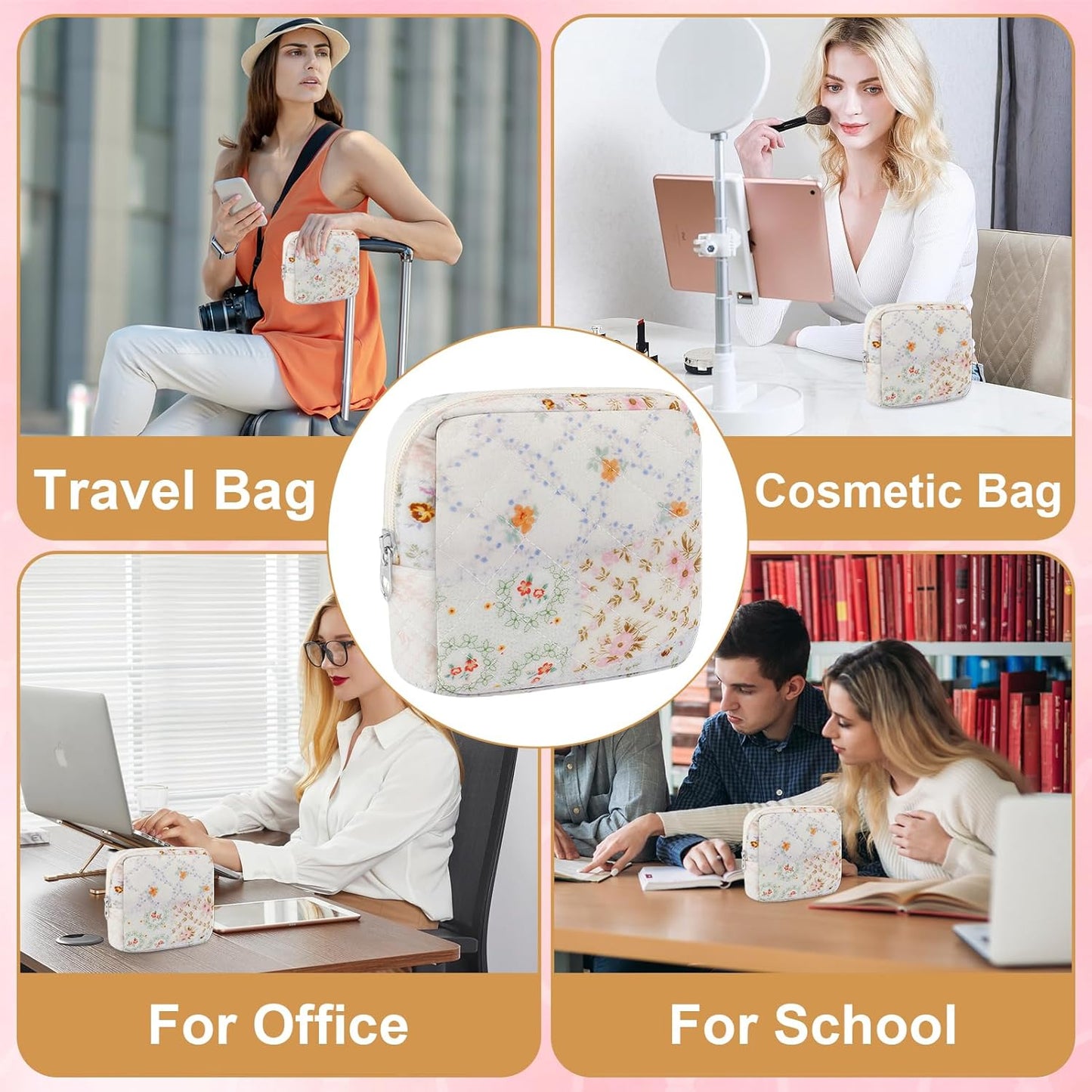 Small Quilted Cotton Makeup Bag for Purse Mini Cosmetic Period Bag for Women Cute Mixed Flower Makeup Sanitary Pouch Portable Travel Toiletry Bags with Zipper Slip in Pockets Birthday Gifts