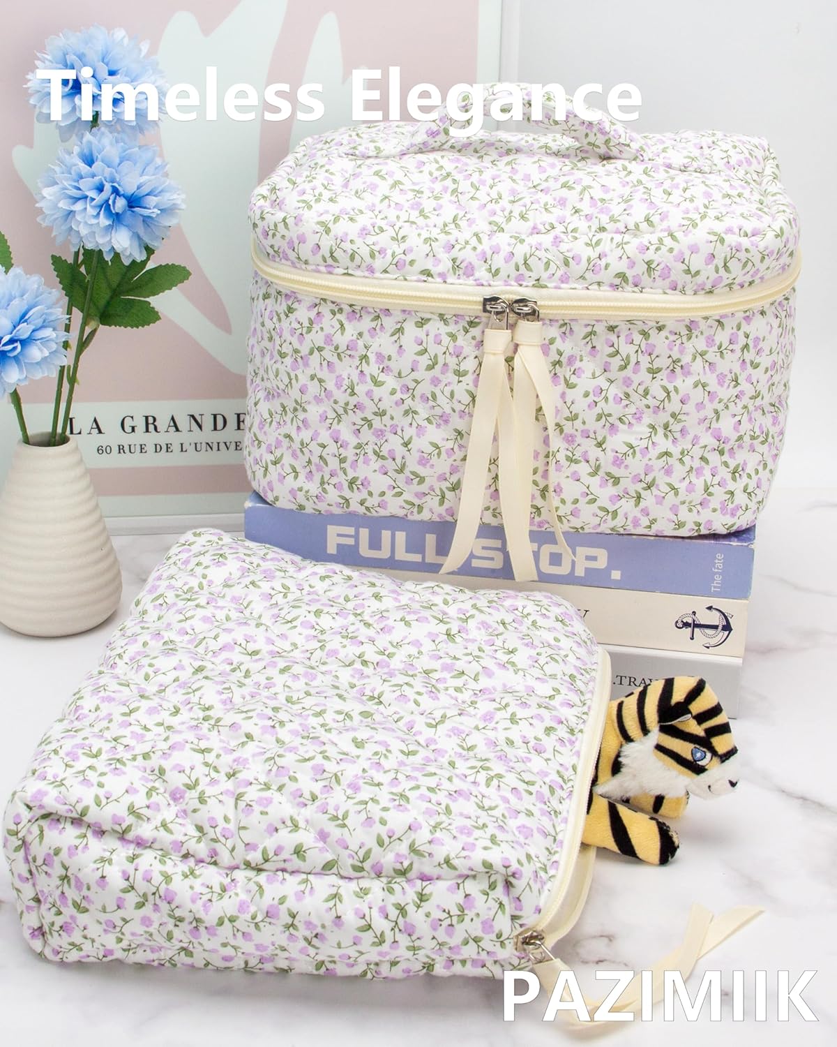 PAZIMIIK Quilted Makeup Bag Large Travel Zipper Soft Cosmetic Case for Women Girls Make Up,Floral Purple