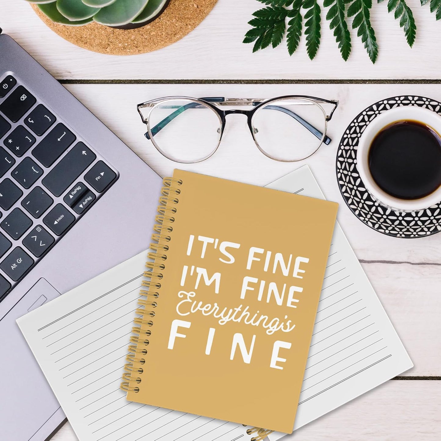XPH Funny Yellow Spiral Notebook, It's Fine I'm Everything Is Fine Journaling Notebooks for Women Men, Humorous Hardcover Journals for Office 160 Pages 5.5 x 8.3 Inch, Sarcastic Gifts for Coworkers
