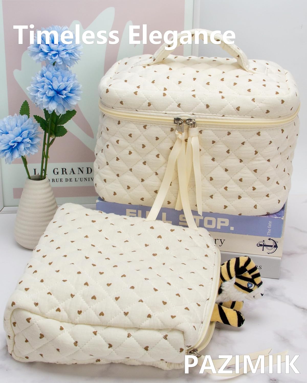 PAZIMIIK Quilted Makeup Bag Large Travel Zipper Soft Cosmetic Case for Women Girls Make Up,Gauze Heart Coffee