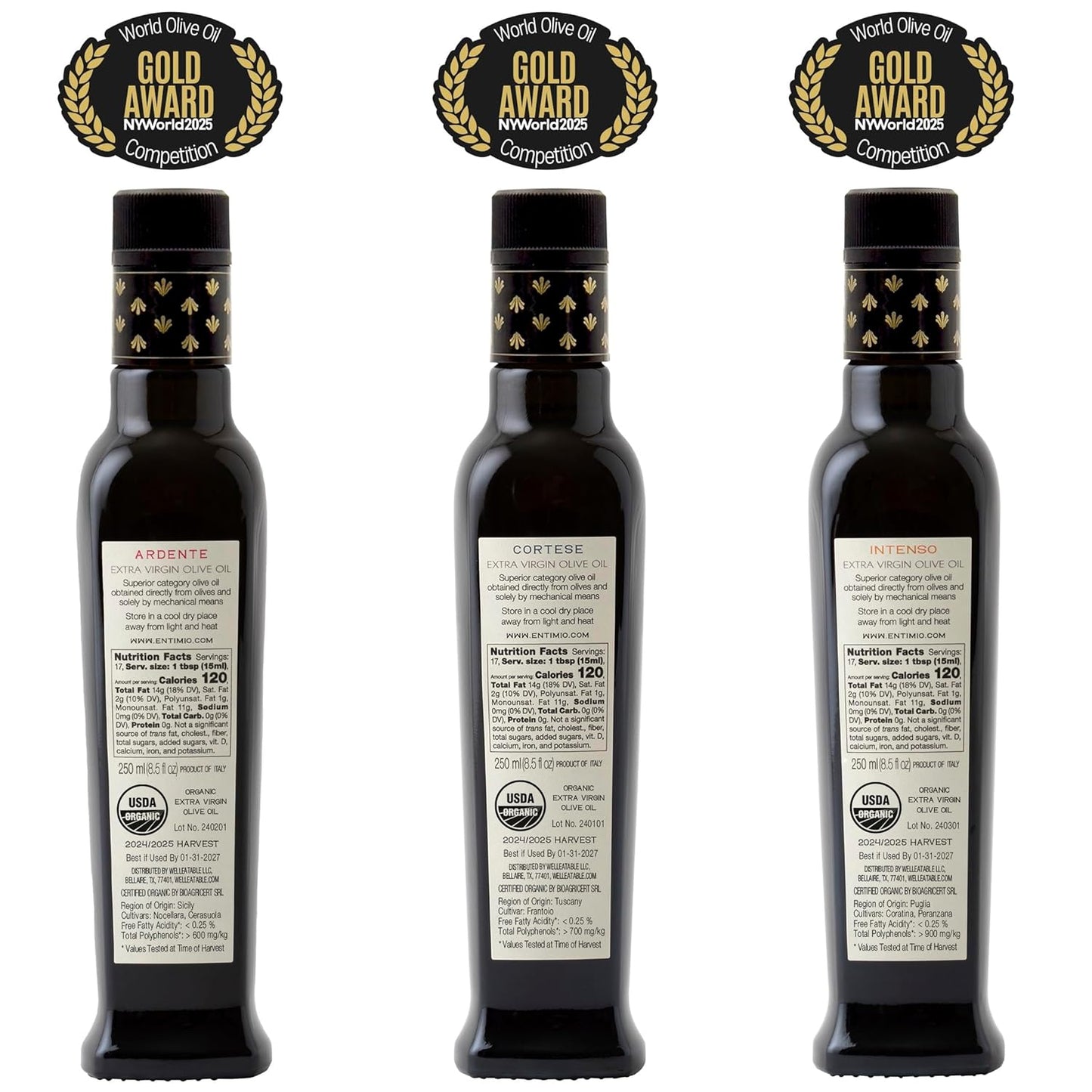 Entimio Collection +600 to +900 mg/kg Organic Extra Virgin Olive Oil Set, New 2024-2025 Early Harvest Italian Olive Oil from Italy, 2025 Gold Winner, Cold Extracted, Lab Tested - 25.5 (3 x 8.5) fl oz