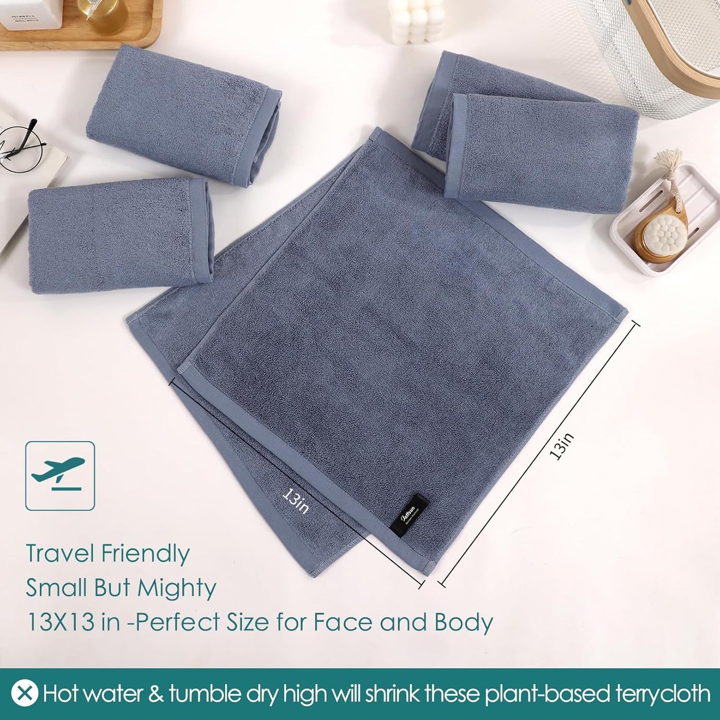 Reusable Makeup Remover Towels, 13x13 inch Extra Large Wash Cloths for Face and Body, Super Soft and Gentle Face Towel on Sensitive Skin, Easy to Rinse Fast Dry Denim Blue Facial Cleansing Cloths