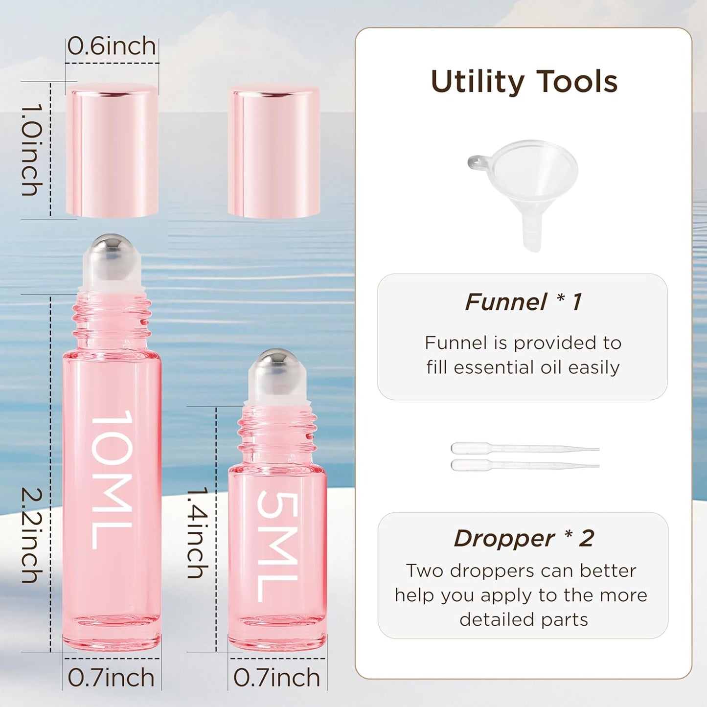 Essential Oil Roller Bottles, 4PCS (10ml & 5ml) Glass Perfume Roller Bottles with Funnel Opener and Dropper Beauty and Personal Care Tools (Pink, 4 Packs)