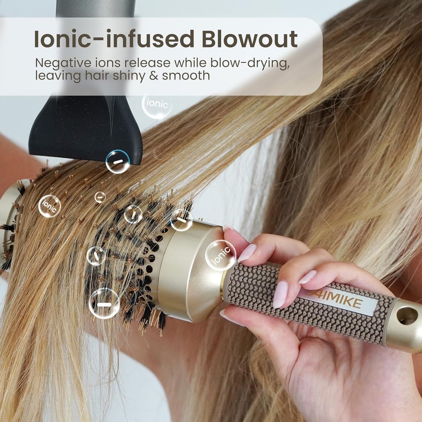 AIMIKE Round Hair Brush, Nano Thermal Ceramic & Ionic Tech, 2.1 Inch Barrel with Boar Bristles for Enhanced Texture, Golden, Hair Drying, Styling, Curling and Shine + 4 Free Clips