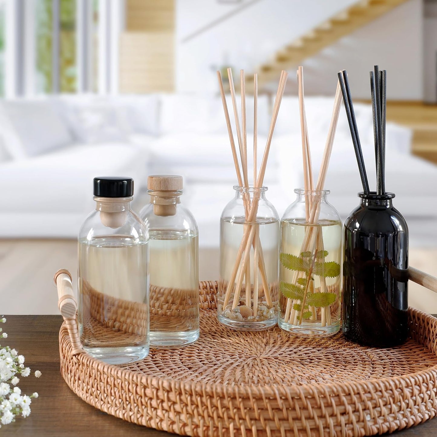 Urban Naturals Tobacco & Vanilla Reed Diffuser Scented Sticks Set | Tobacco Leaf, Bergamot, Vetiver, Bourbon and Vanilla Bean Scented Oils | Decorated with Natural Flowers | Made in The USA