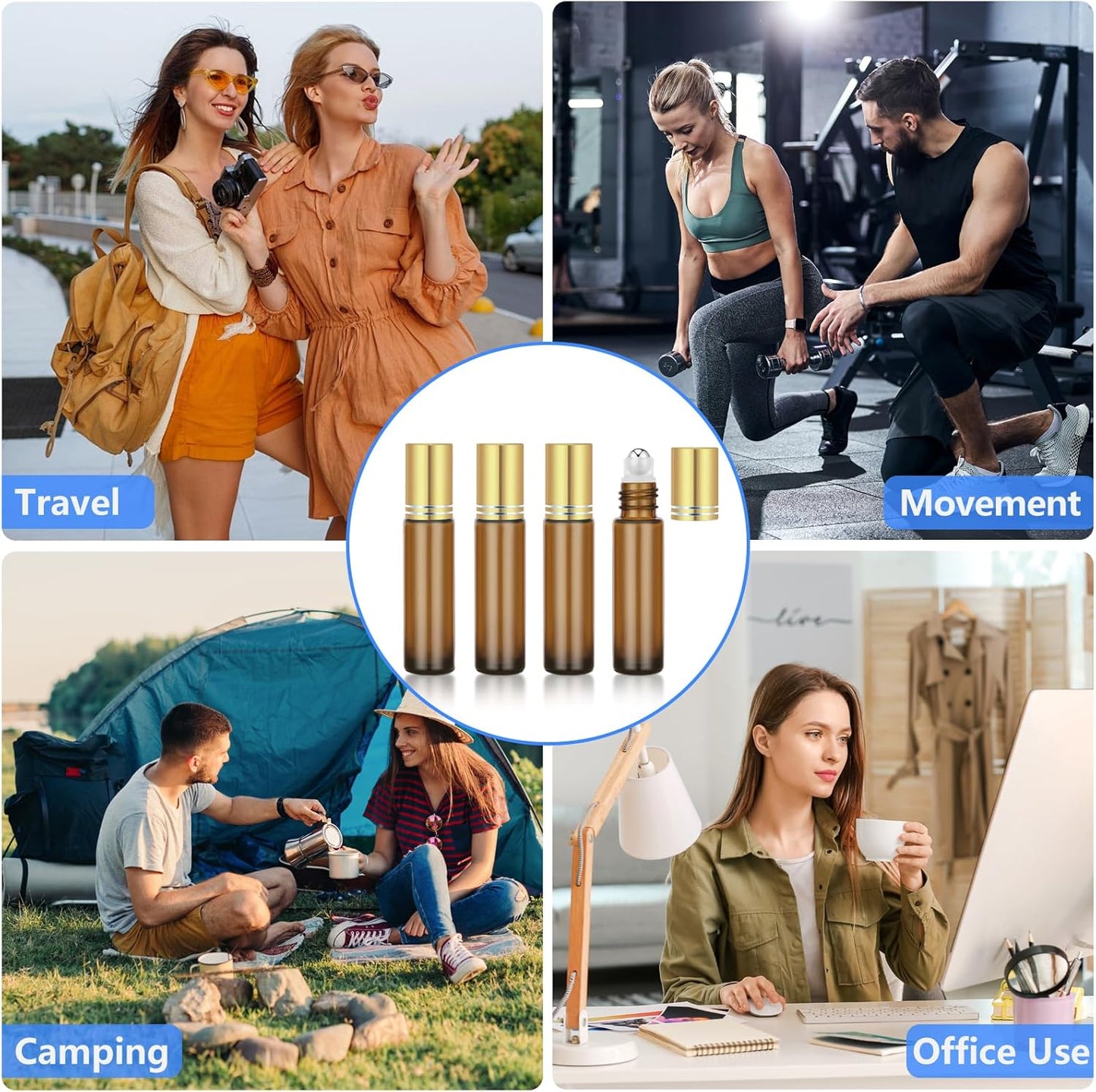 4 Pack of 0.34 Oz (10ml) Essential Oil Roller Bottles - Refillable, Leak-proof Amber Glass Roll-on Bottles with Stainless Steel Roller Balls, Metal Caps, and Labels Included