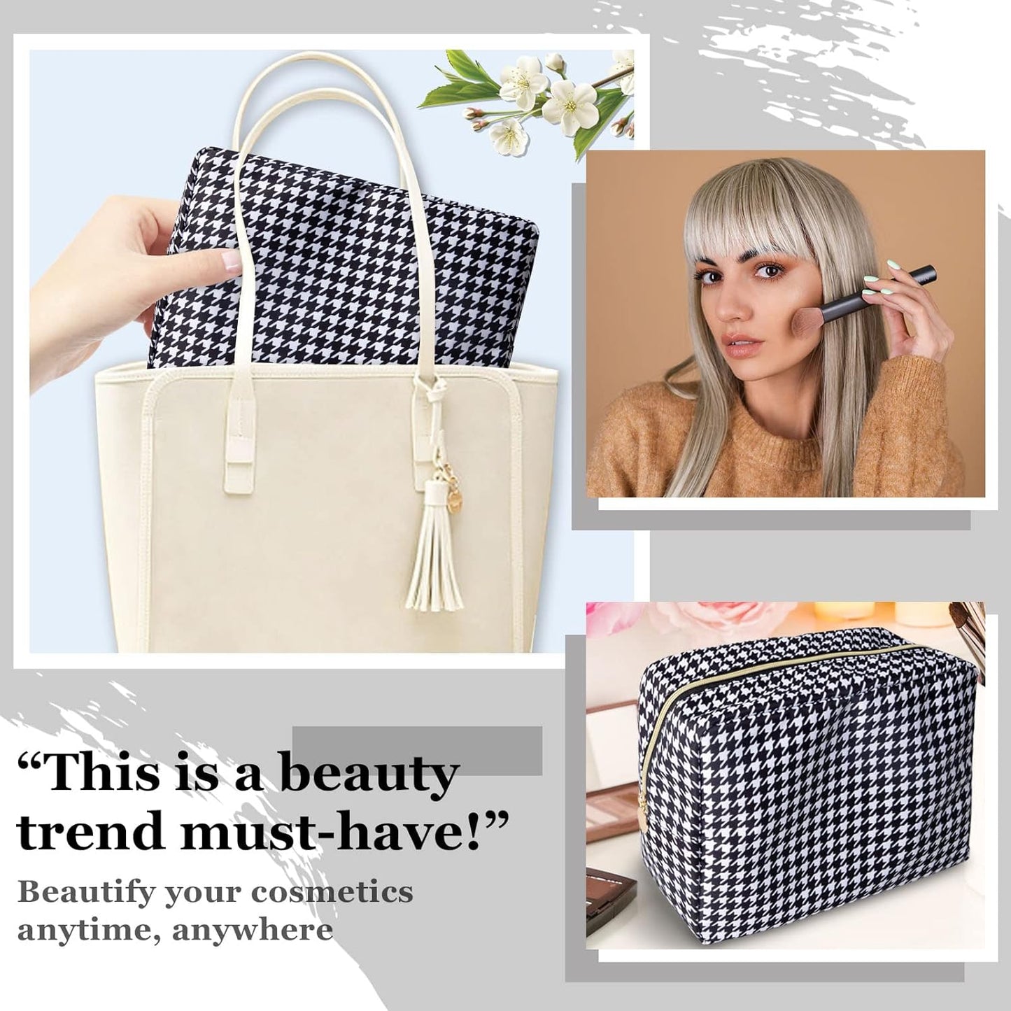 Nylon Large Makeup Bag Black Houndstooth Travel Pouch for Women, Big Preppy Makeup Bag Cute Cosmetic Zipper Pouch Purse, Waterproof Toiletry Bag Clutch Makeup Organizer for Girls(Black Houndstooth)