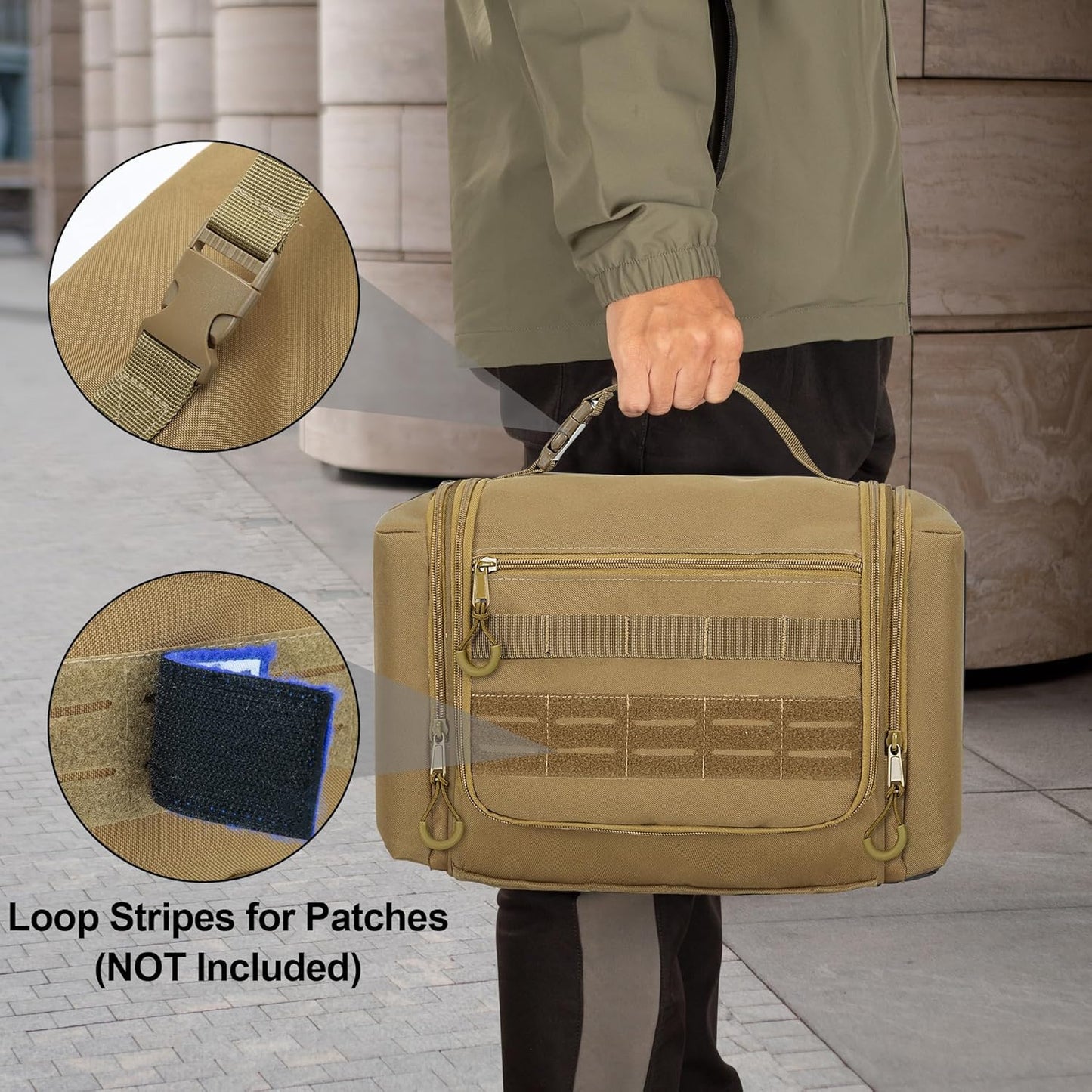 Tactical Toiletry Travel Bag for Men, Hanging Dopp Kit Hygiene Bag Shower Organizer with Hook for Toiletries and Shaving Care, Khaki (Empty Bag)