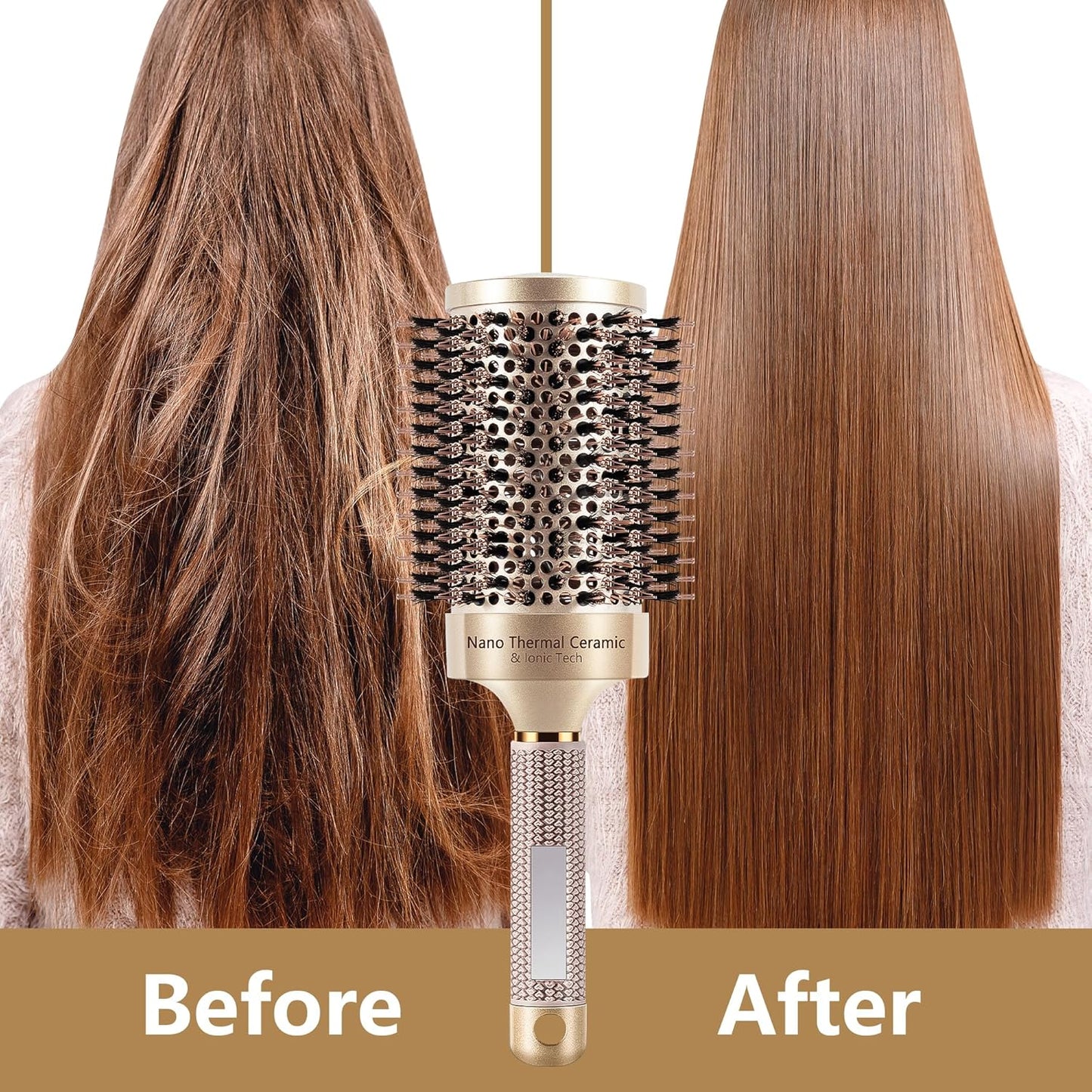 SIMPOR Large Round Brush for Blow Out, Nano Thermal Ceramic & Ionic Tech Round Barrel Hair Brush with Boar Bristles, Roller for Blow Drying (Gold, 4 inch, Barrel 2.7 Inch, 65mm)