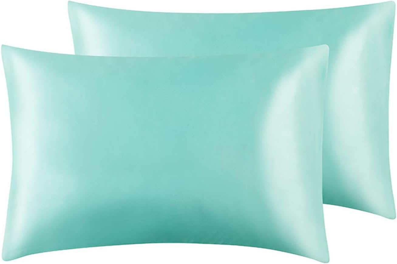 JUWENIN,Luxury Satin Pillowcase with Zipper (Silky Satin Pillow Case for Hair) Set of 2 (Standard, Aqua Blue)
