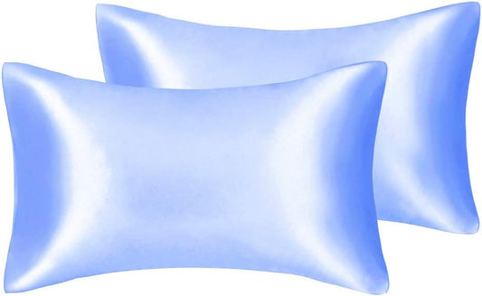 JUWENIN,Luxury Satin Pillowcase with Zipper (Silky Satin Pillow Case for Hair) Set of 2 (Standard, Blue)