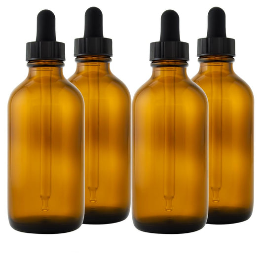 GreenHealth - 4oz Amber Glass Dropper Bottles with Glass Pipette – Pack of 4 – Refillable, Durable, UV Protection – For Essential Oils, Serums, DIY Blends, Aromatherapy