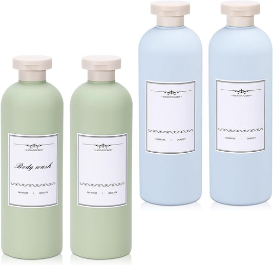 Travel Shampoo Bottle, Empty Plastic Squeeze Bottles 13.5oz with Flip Cap, Lotion Container for Toiletries Travel Size Shampoo and Conditioner (2 pack blue, 2 pack green)
