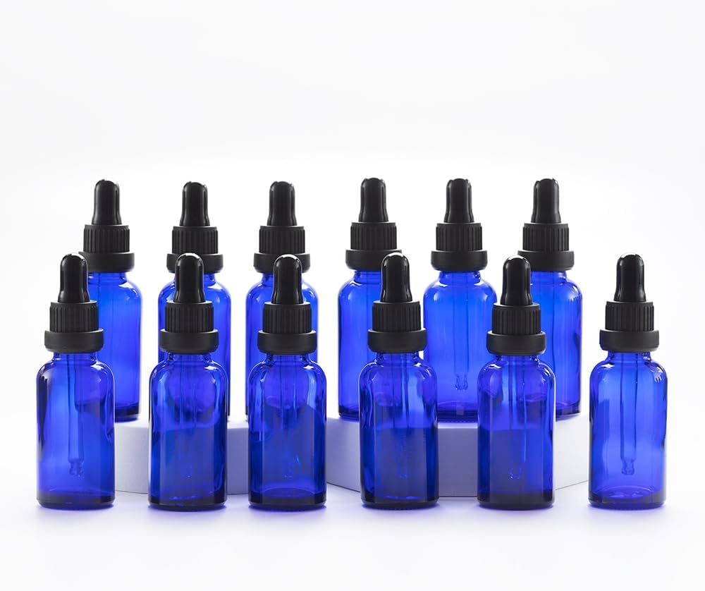 YIZHAO Blue Glass Dropper Bottle 1oz, Tincture Bottles with Glass Dropper, for Essential Oils, Aromatherapy, Cosmetic, Laboratory, Pharmacy, Liquids, Travel –12 Pcs