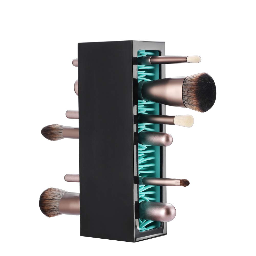 Makeup Brushes Holder Organizer, Silicone Vanity Air Drying Rack Display Storage for Brush, Eyeliners and More, Practical Cosmetic Tools Container (Blue-Black)