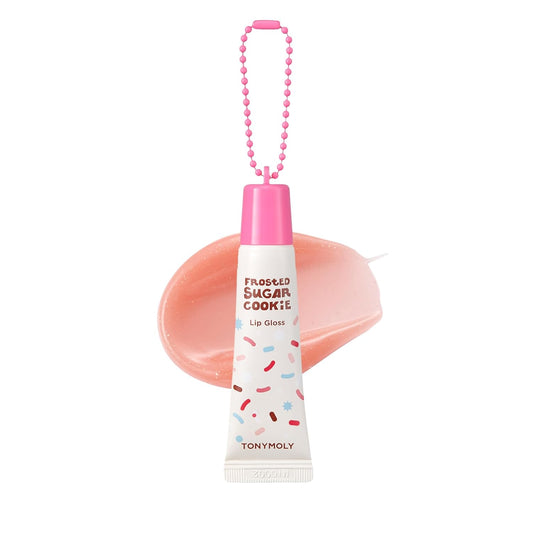 TONYMOLY Frosted Sugar Cookie Lip Gloss Key Chain – Hydrating Non-Sticky Gloss with Soft Apricot Tint & Golden Shimmer, Limited Edition Holiday Korean Lip Balm