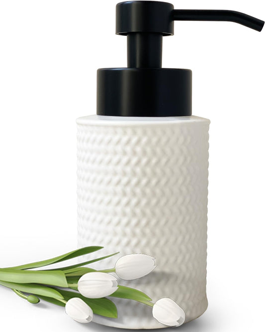 10 Oz Foaming Soap Dispenser for Bathroom,Kitchen Foam Soap Dispenser,Refillable Modern Foam Pump Bottle,Black Ceramic Foaming Hand Pump Dispenser (White Weave)