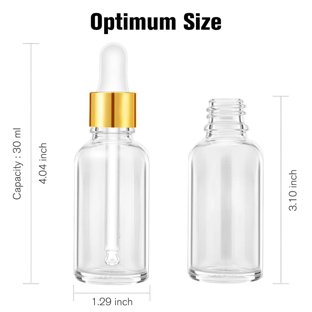 PrettyCare Glass Dropper Bottles 99 Pack, 1oz (30ml) Clear Empty Thick Bottles Bulk with Leakproof Golden Caps - With Labels & Funnels for for Storage, Travel,Essential Oils, DIY Serums