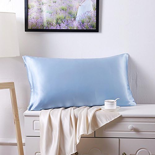 JUWENIN,Luxury Satin Pillowcase with Zipper (Silky Satin Pillow Case for Hair) Set of 2 (Standard, Blue)