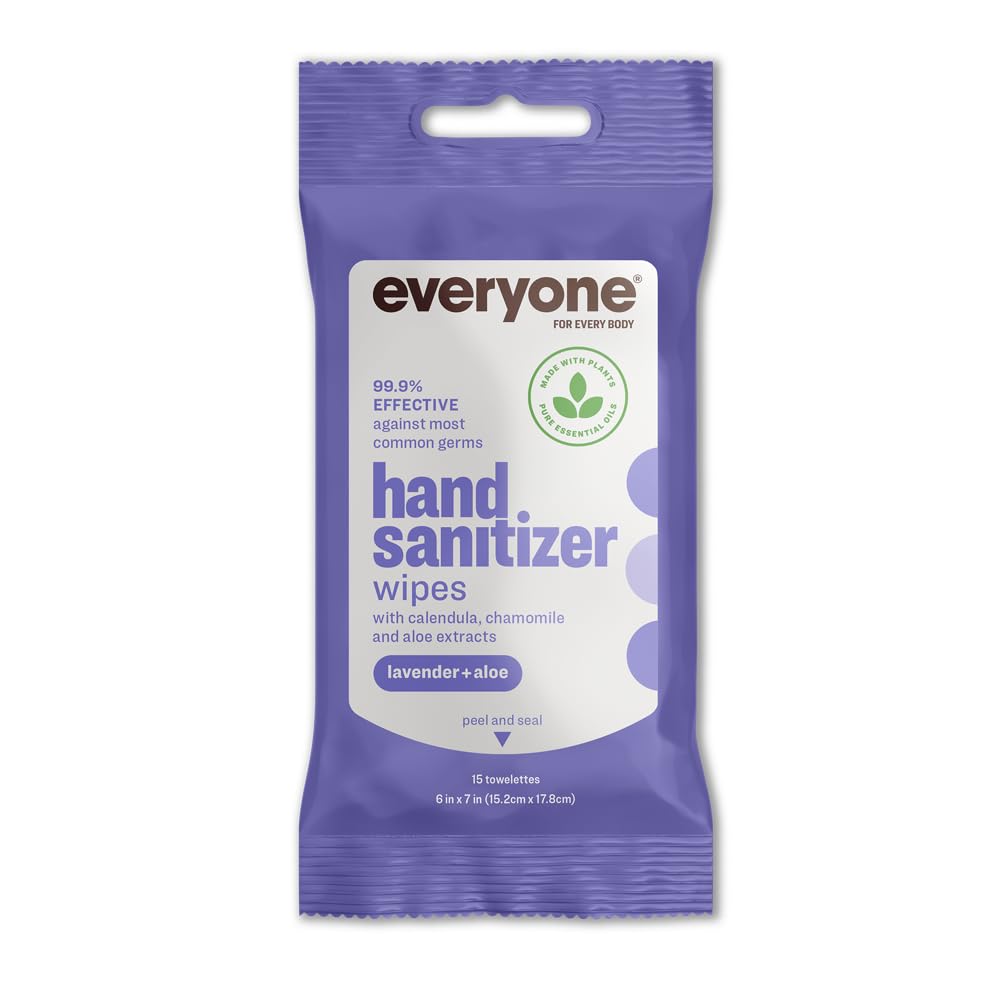 Everyone Hand Sanitizer Wipes, 15 Wipes (Pack of 6), Lavender and Aloe, Made with Sugarcane Derived Alcohol with Essential Oils, TSA friendly