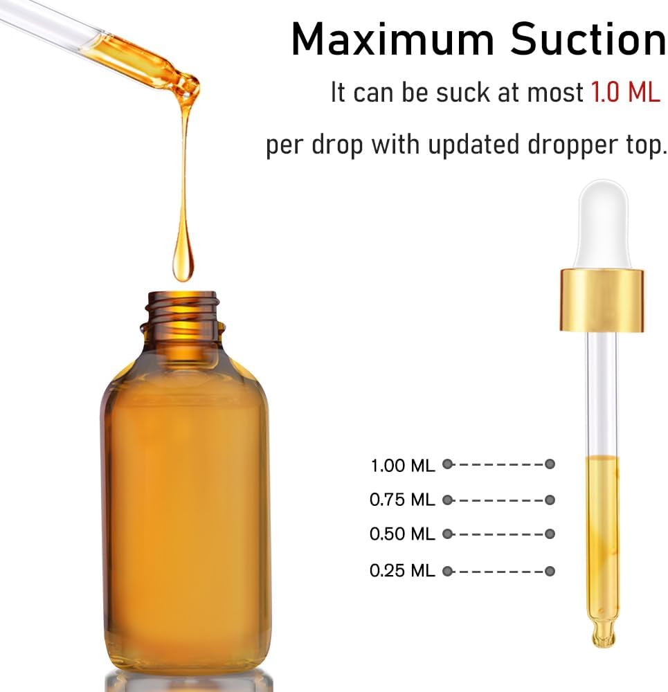 Bumobum 2 oz Dropper Bottle, Amber Glass Eye Dropper Bottles with Golden Top Cap for Essential Oils, 24 pack Tincture Bottle with Labels and Funnel