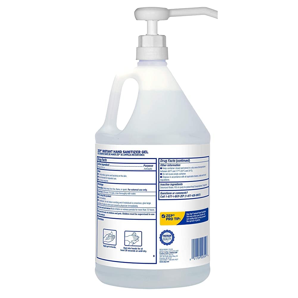 Zep Instant Hand Sanitizer Gel 70% Alcohol - 1 Gallon (Case of 4) 355825 - Pump Included - Exceeds CDC Recommendations - Kills 99.9% of Germs