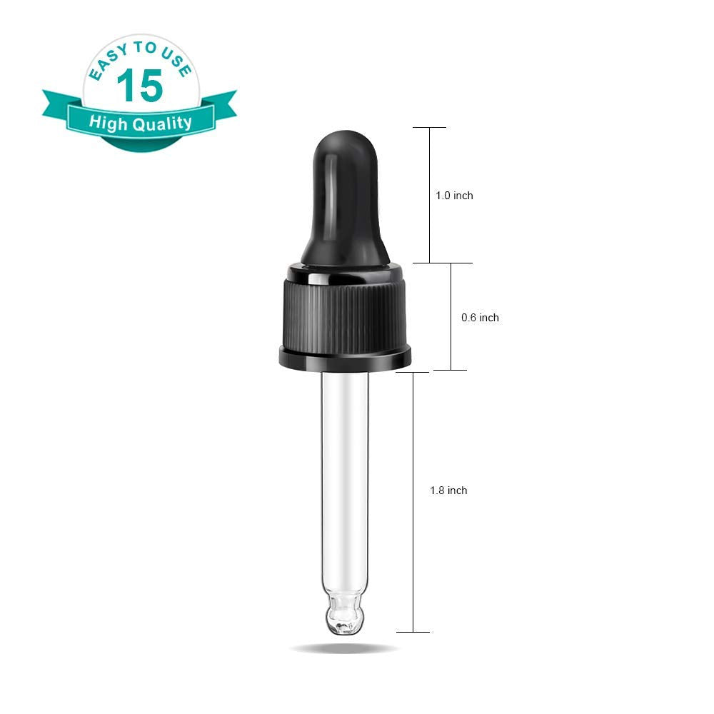YGDZ Droppers for Essential Oils 15 Pack 15ml (1/2 Ounce) Glass Eye Dropper Tops - Fit for DoTerra Young Living 15ml Essential Oil Bottles