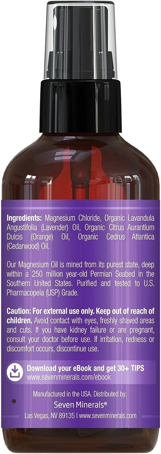 Seven Minerals Relaxing Leg Magnesium Spray, Powerful Blend of Essential Oils (Orange, Cedarwood, & Lavender), That Calms Legs Naturally. 4 fl oz,