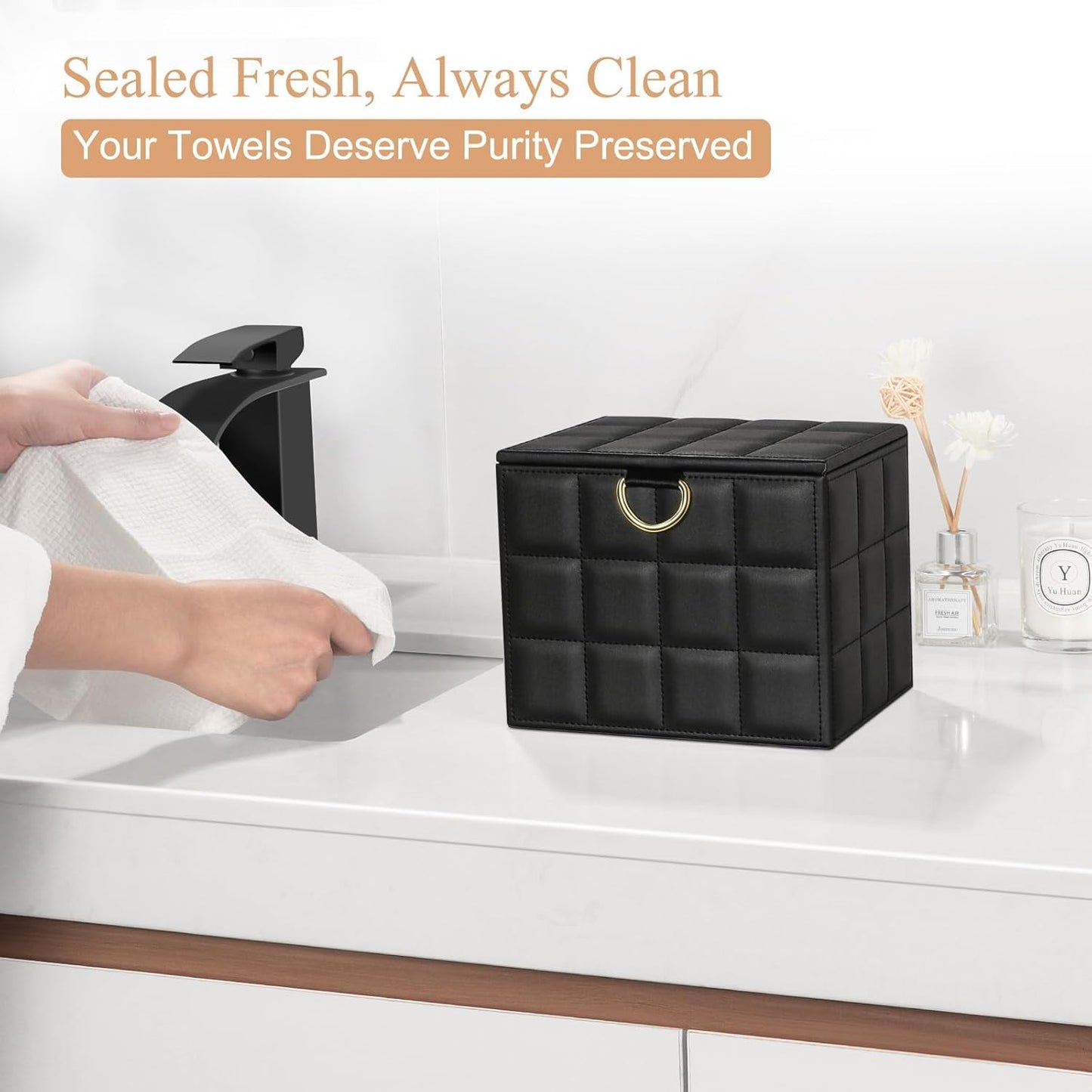 Disposable Face Towel Holder Box, Black PU Leather Container for XL Clean Skin Club Face Towels, Reusable Organizer for Clean Skin Towel Makeup Wipe Holder Counter Bathroom Organizers and Storage