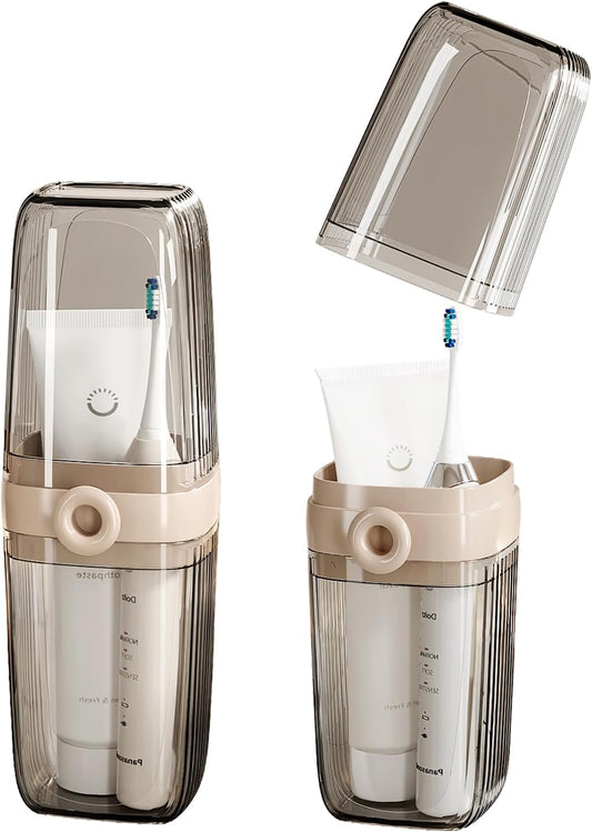 Toothbrush Travel Case, 2 in 1 Toothbrush Holder and Rinse Cup, Large Capacity Toothbrush Cup with Cover, Portable Travel Toothbrush Holder for Traveling, Camping, Trip - 1Pcs - Beige&Clear