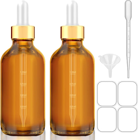 Bumobum Dropper Bottles 4oz, Amber Glass Bottles with Dropper for Essential Oils with Labels and Funnels, 2 Pcs Tincture Bottles with Golden Top (Unbreakable Plastic Eye Dropper with Measurements)